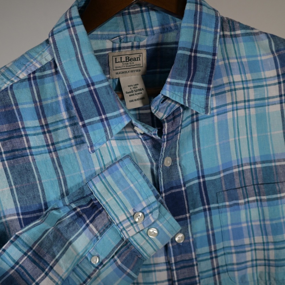 LL‎ Bean Mens L Blue Plaid 100% LINEN long sleeve Shirt Summer Travel